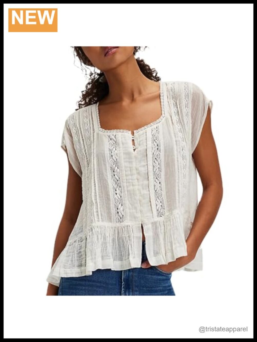 Semi Sheer Square Neck Lace Trim Button Down Crop Top
